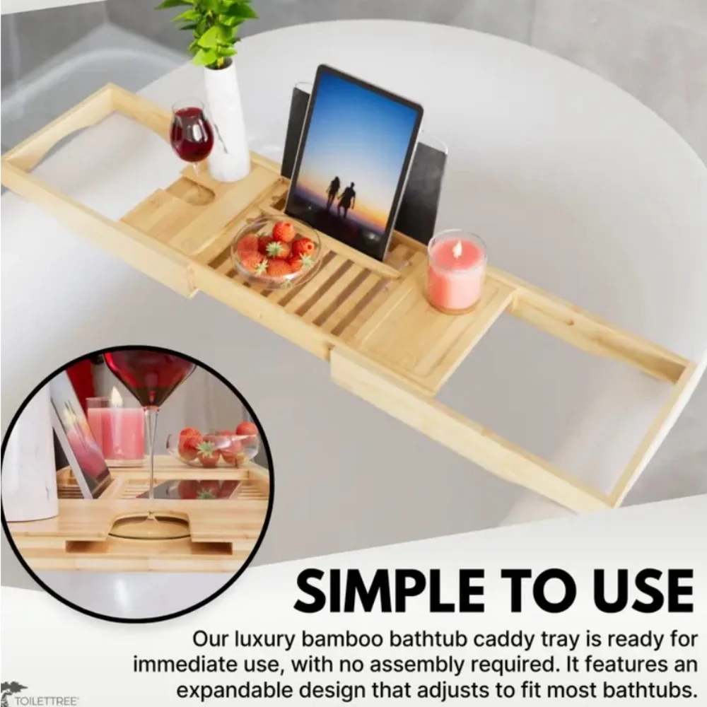 NIB BAMBOO BATHTUB CADDY, EXTENDABLE TRAY, BOOK/TABLET HOLDER, WINE GLASS HOLDER